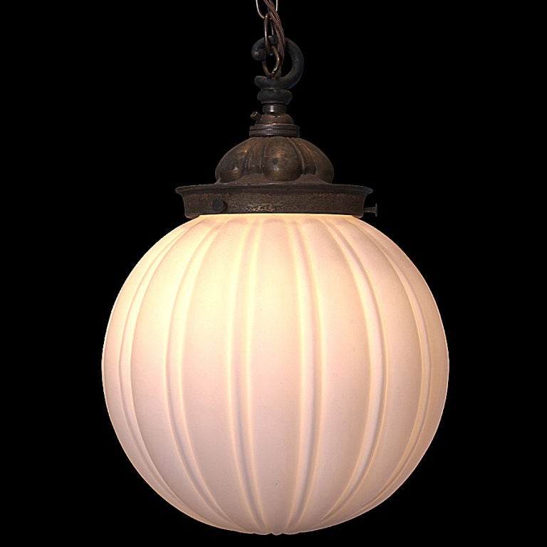 Frosted ribbed milk glass ceiling light pendant, original hardware.
