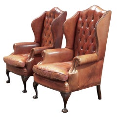 Pair of Rose Leather Wingback Chairs from 19th century England