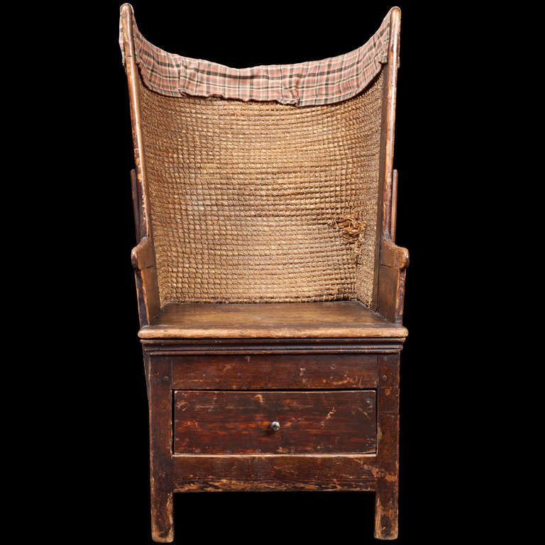 19th Century Scottish Primitive Tall Back Chair with Storage Drawer