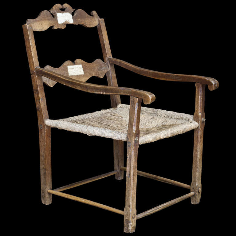 Oak and rush seated farm chair, unusually tall and deep. Italy circa 1720.