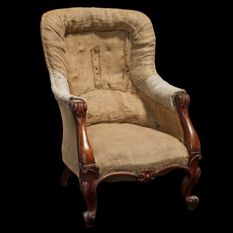 Mahogany tall back English chair, delicately carved, wonderful form, stripped down to original foundation