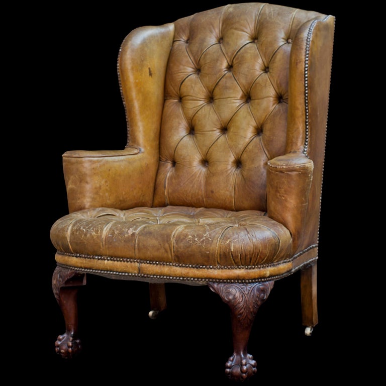 19th Century Tufted English Leather Wingback Chair