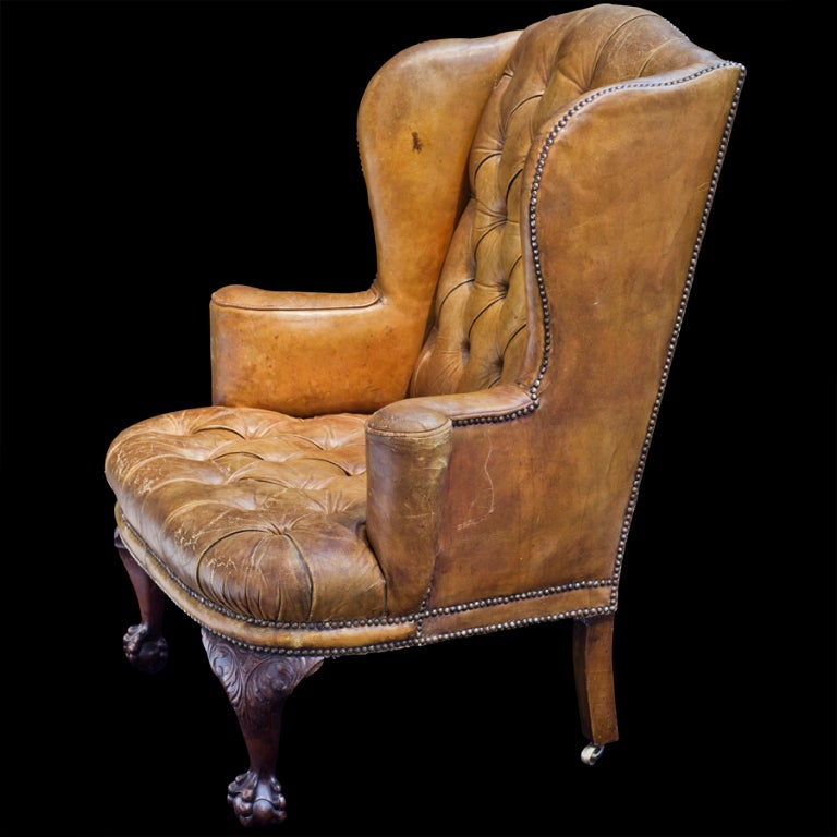 Wood Tufted English Leather Wingback Chair