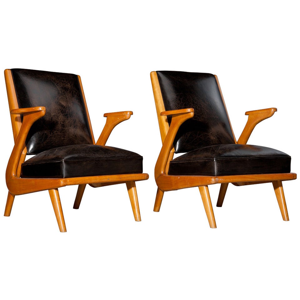 Pair of Leather / Wood Art Deco Armchairs