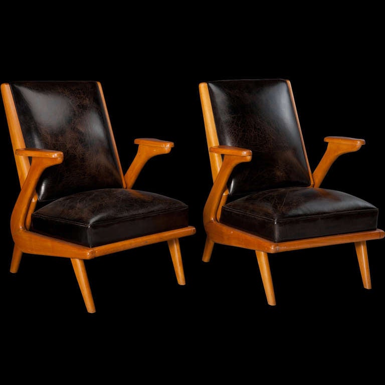 Pair of Leather / Wood Art Deco Armchairs 2