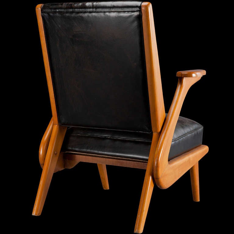 Mid-20th Century Pair of Leather / Wood Art Deco Armchairs