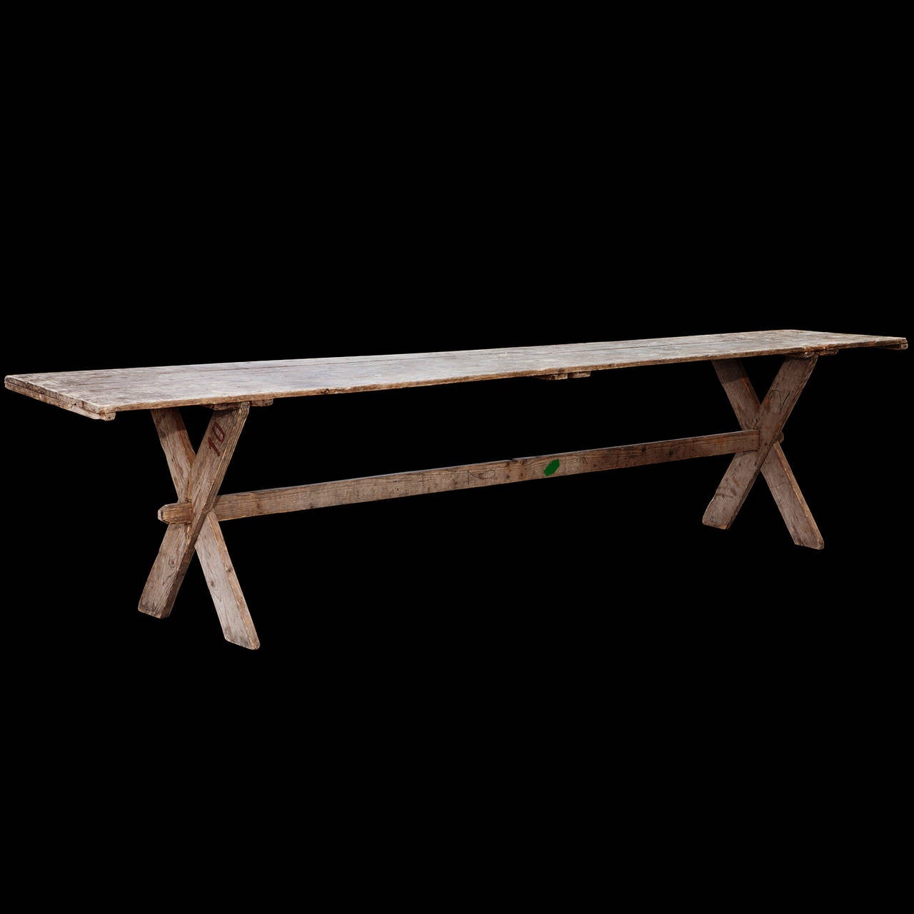 French Large Rustic Trestle Table with Pair of Benches