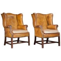 Antique Pair of Leather Wingback Chairs