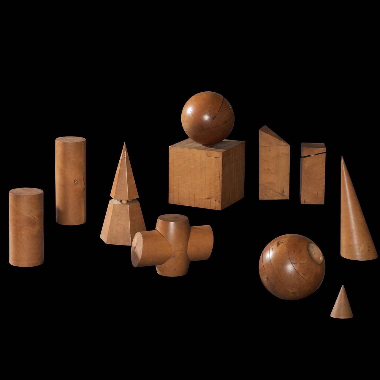 Unique set of (16) drawing forms intended for classroom use. Carved from Boxwood, featuring pegged construction, allowing the pieces to be disassembled.

Made in England circa 1900