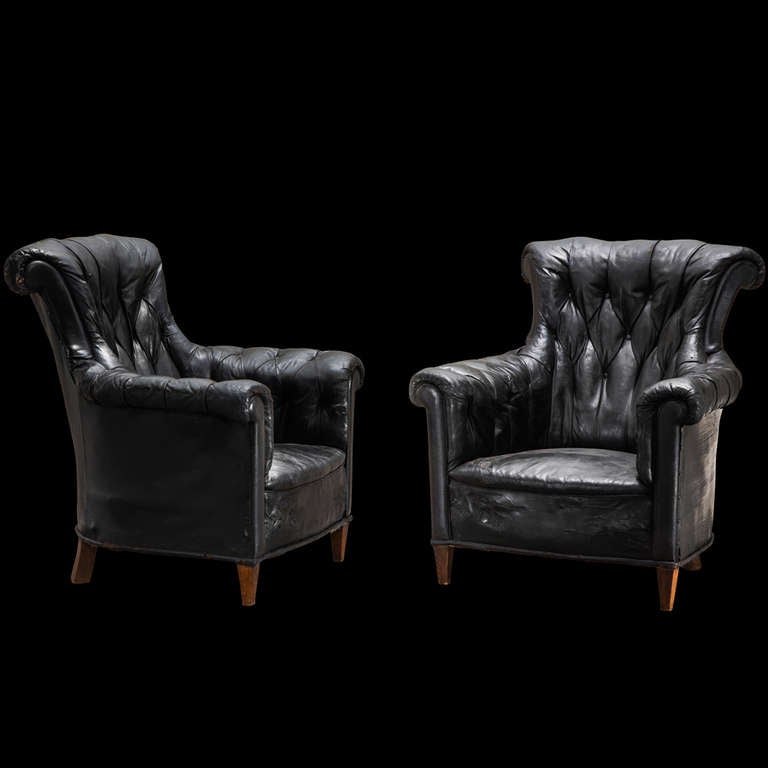 English Black Leather Wingback Chairs