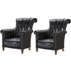 Antique English Black Leather Wingback Chairs