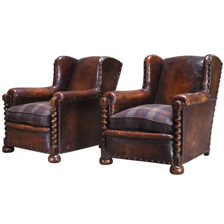 Oak and Leather Wingback Arm Chairs at 1stDibs