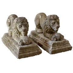 Antique Pair of Concrete French Garden Lions     