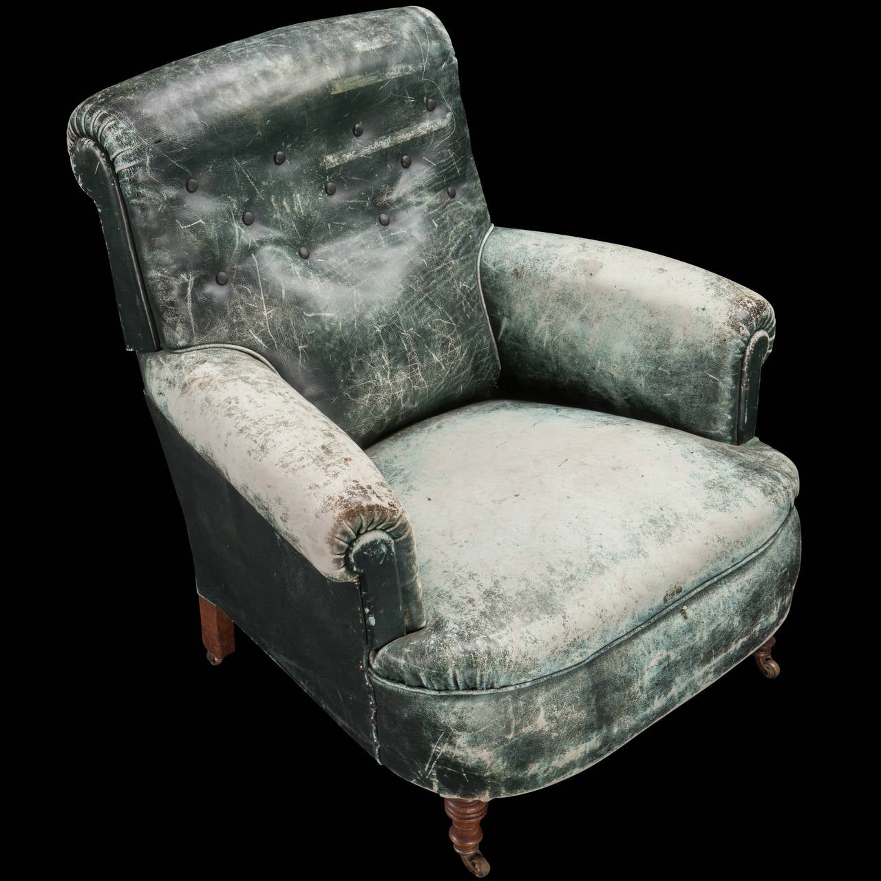 English Weathered Green Leather Armchair