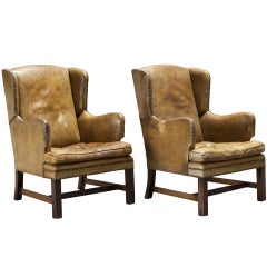 Pair of English Library Leather Wingback Chairs