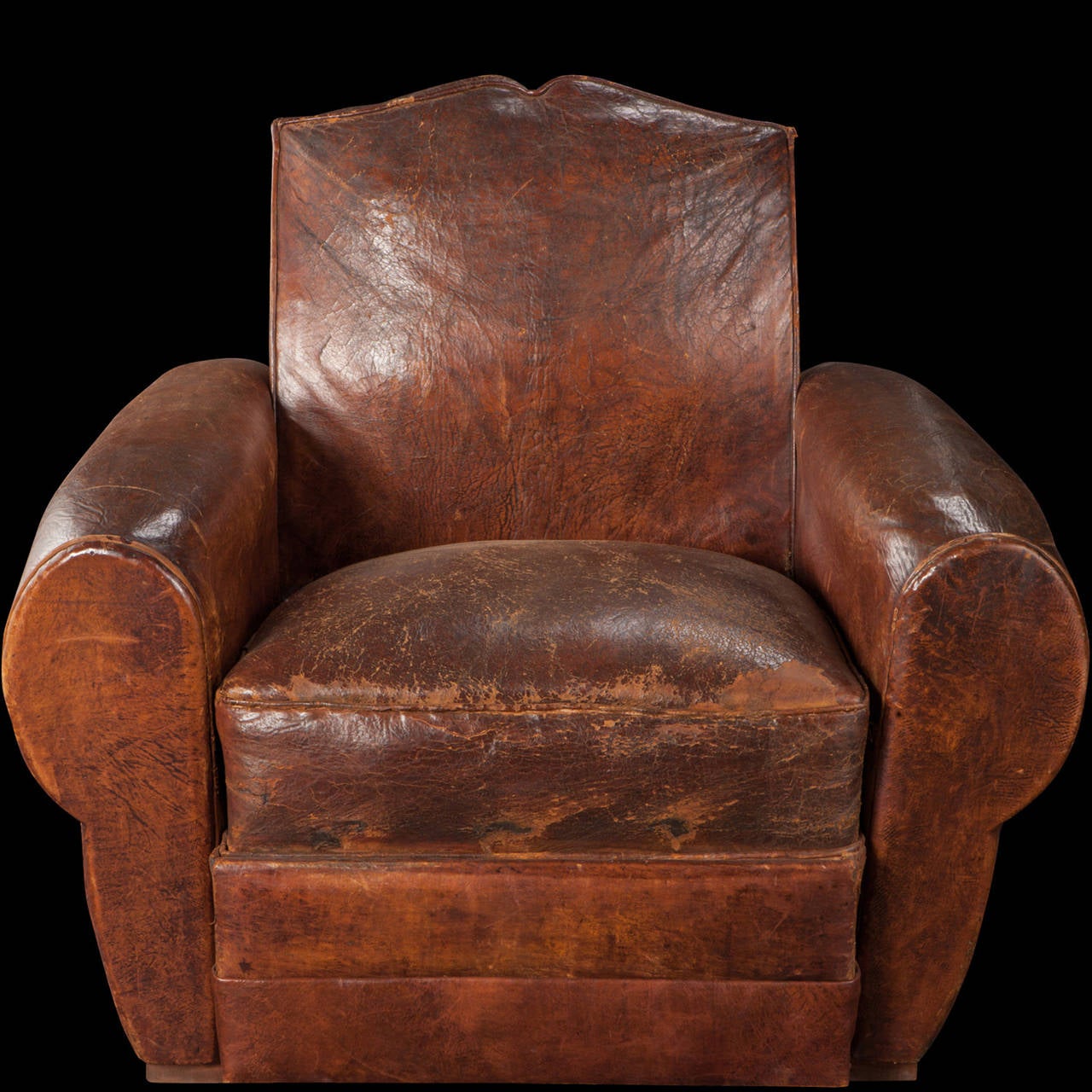 Patinated Pair of Leather Club Chairs