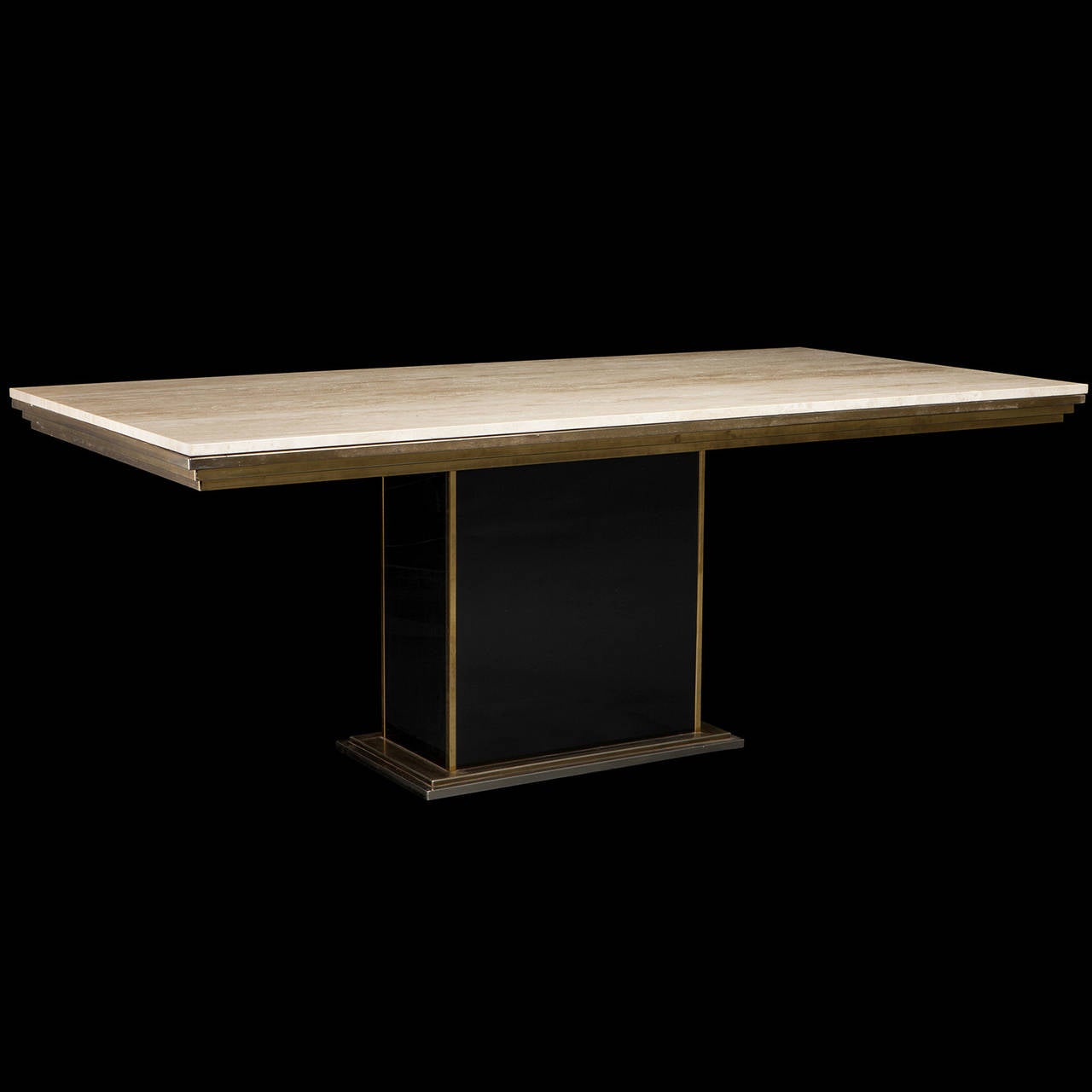 Solid travertine top on brass and black base. Made by Belgo Chrome.