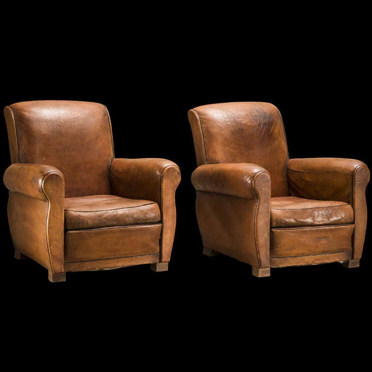 Pair of Deco French Leather Armchairs