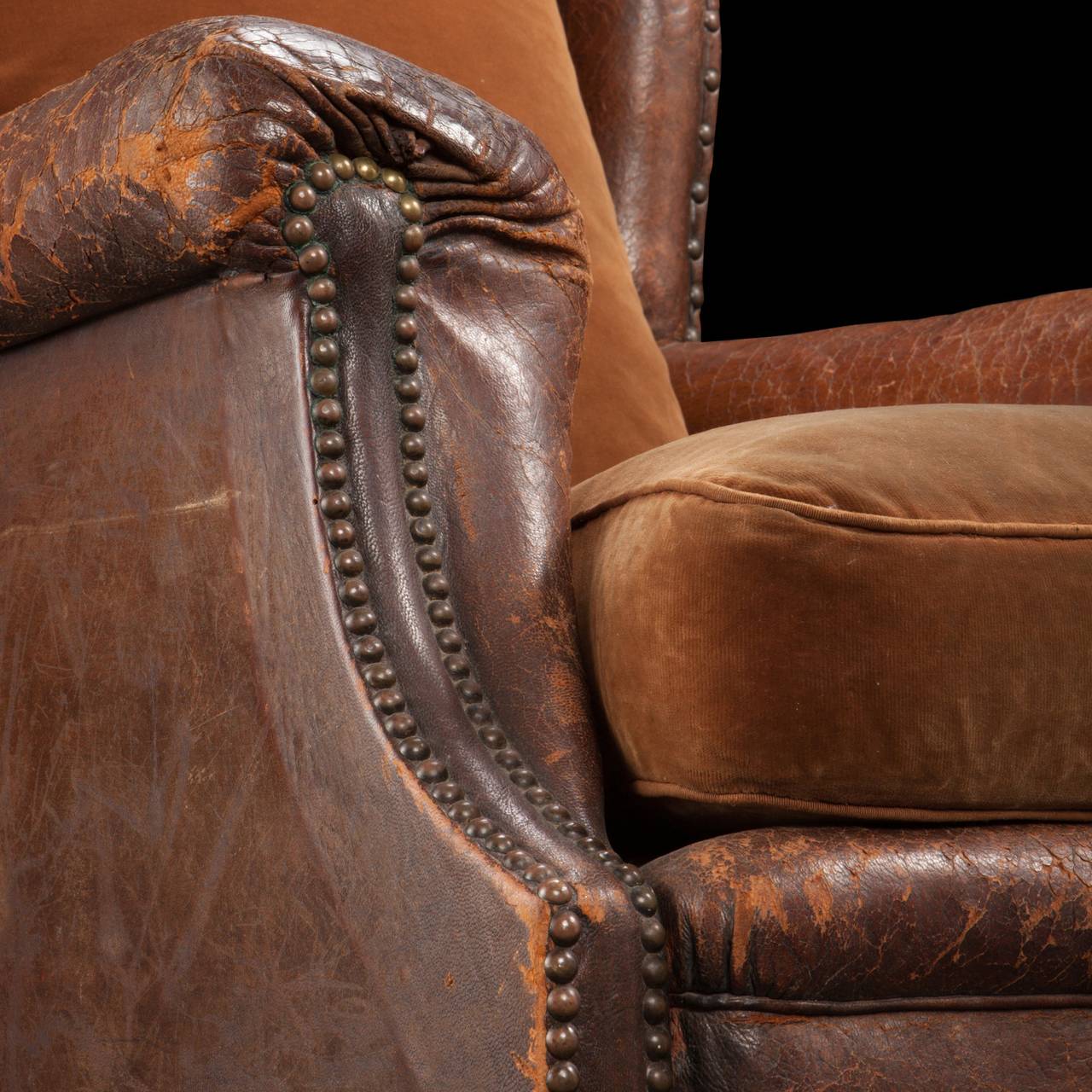 19th Century Pair of Leather and Velvet Lounge Chairs