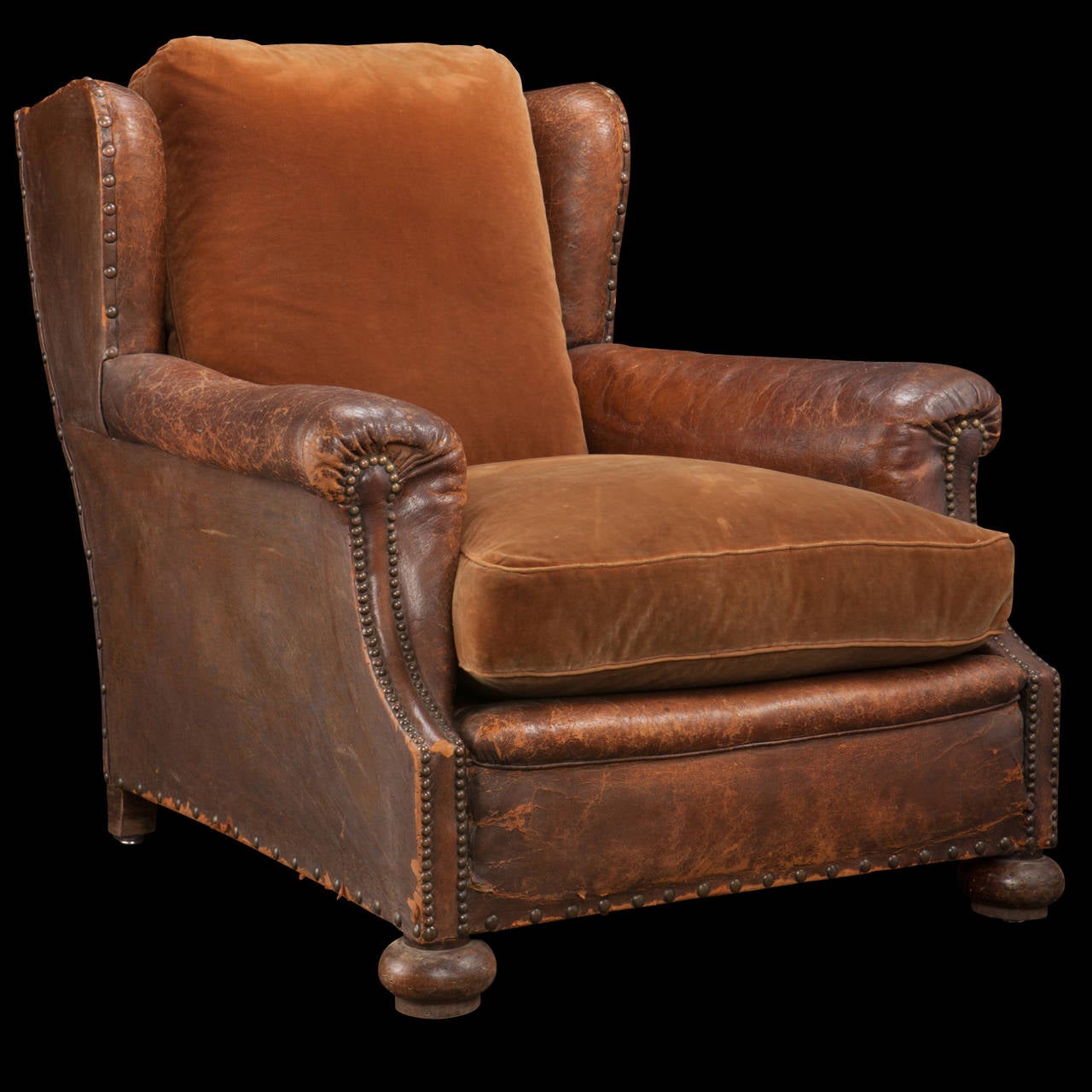 French Pair of Leather and Velvet Lounge Chairs