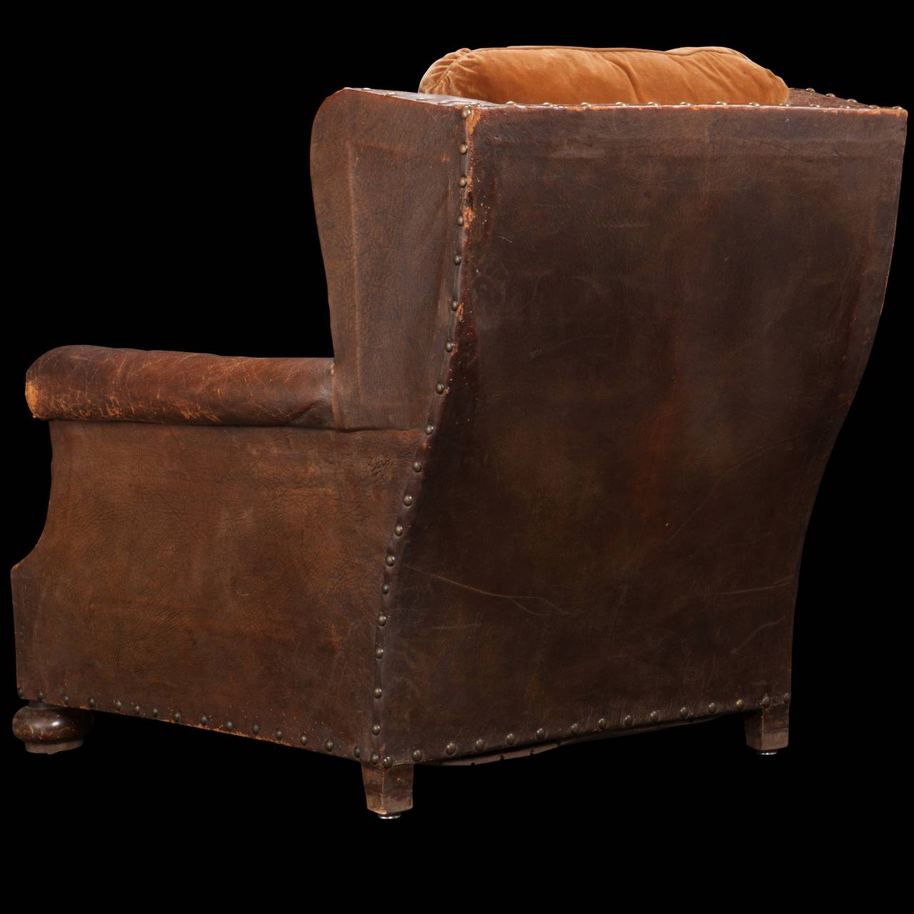 Patinated Pair of Leather and Velvet Lounge Chairs