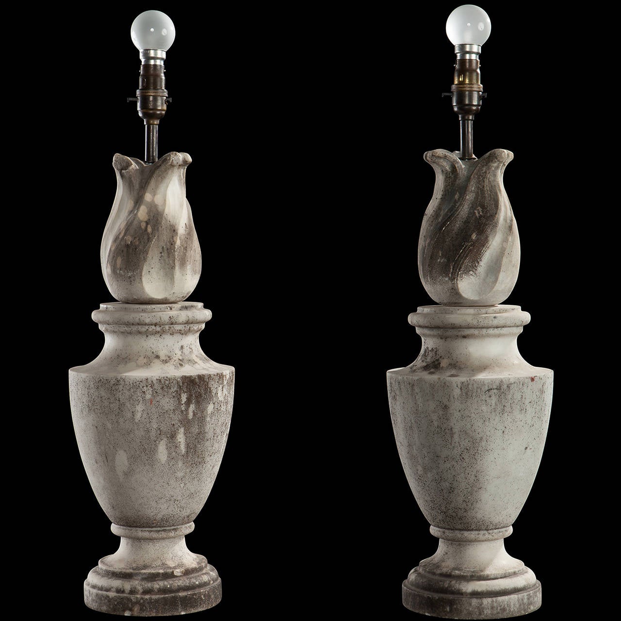 Pair of Weathered Marble Garden Lamps