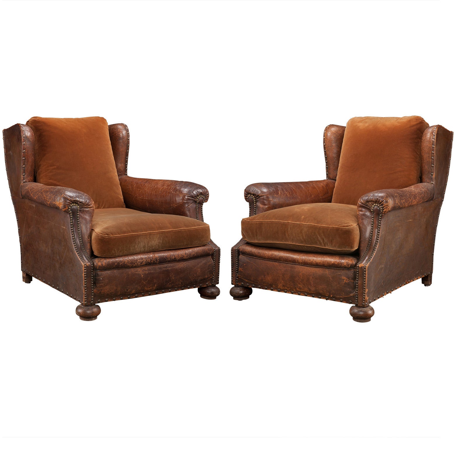 Pair of Leather and Velvet Lounge Chairs