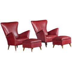 Pair of Red Chairs with Matching Ottomans