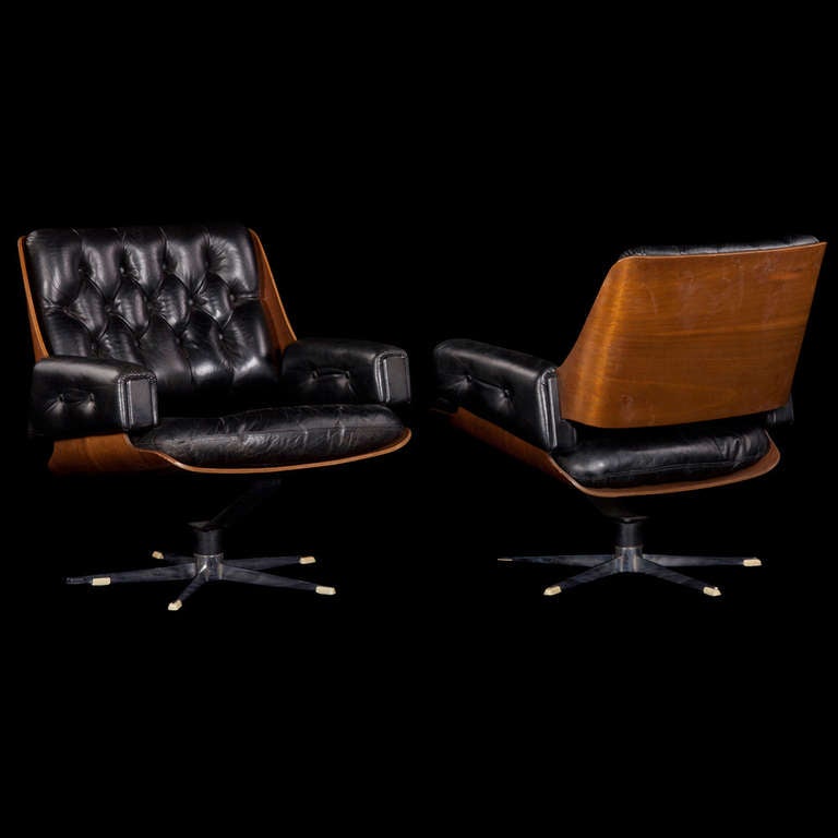 French Pair of Leather / Wood Swivel Chairs