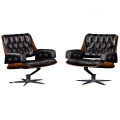 Pair of Leather / Wood Swivel Chairs