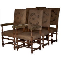 Set of Six White Oak Chairs Upholstered in Vintage Sacks