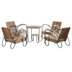 Set of Iron and Wood Slatted Chairs with Matching Table