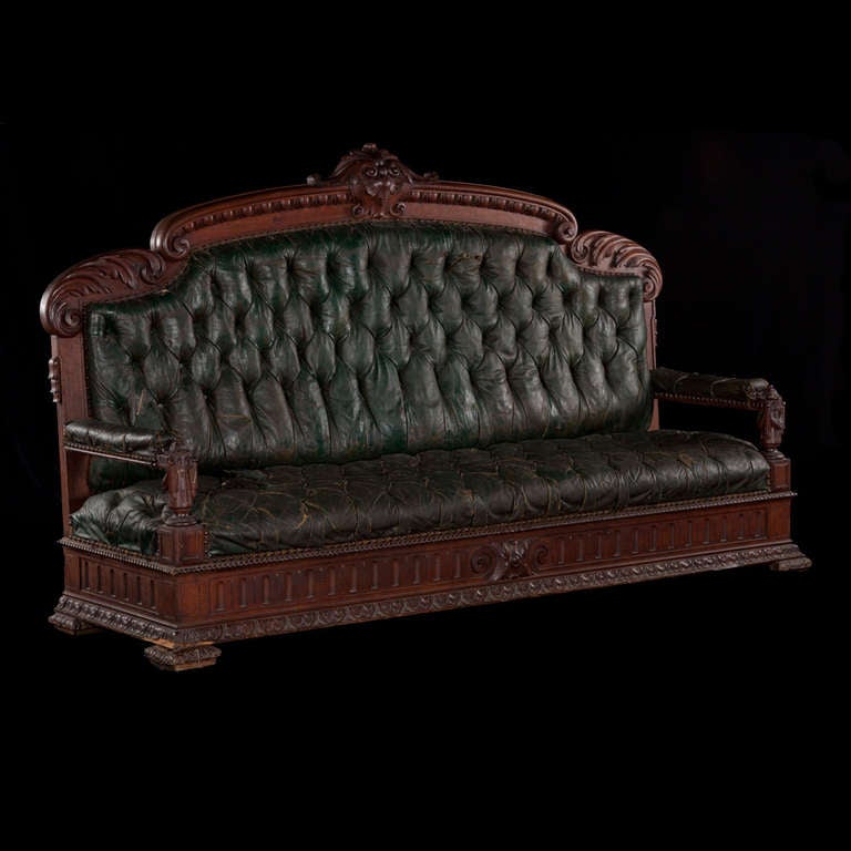 Monumental Carved Oak / Leather Sofa at 1stDibs