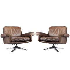 Pair of De Sede Leather and Alloy Base Chairs