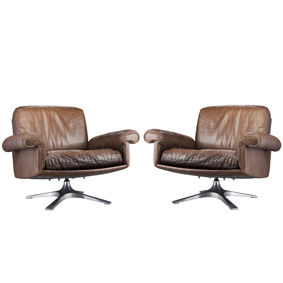 Pair of De Sede Leather and Alloy Base Chairs