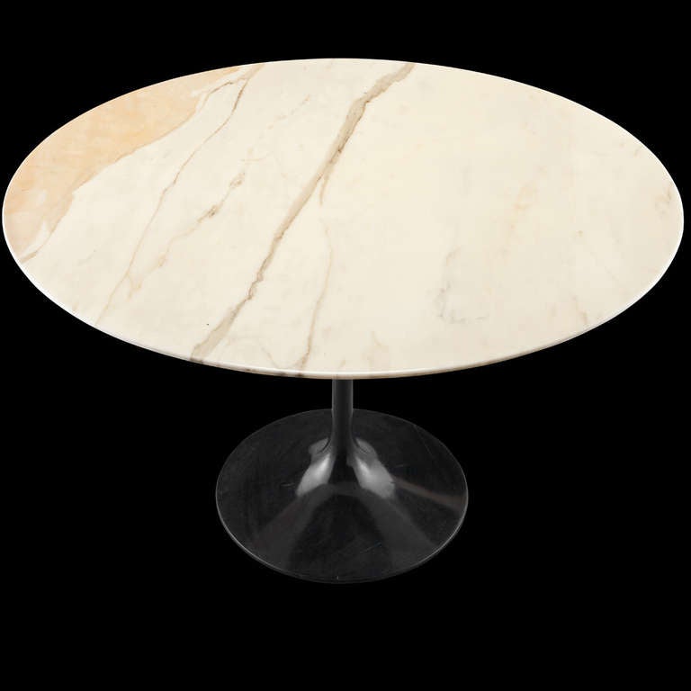 French Round Marble Knoll Table with Black Base