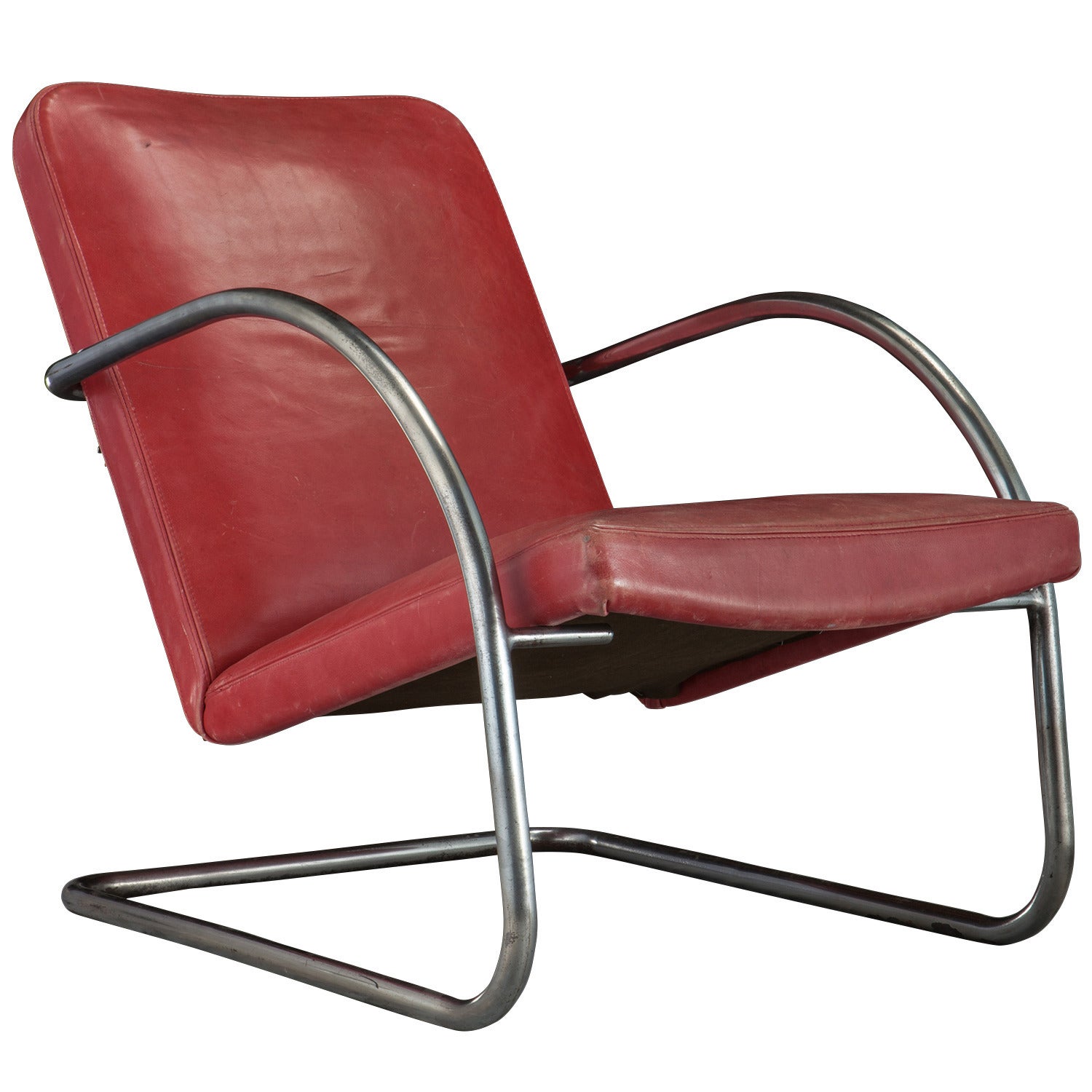 Chrome and Red Leather Lounge Chair, France, circa 1950