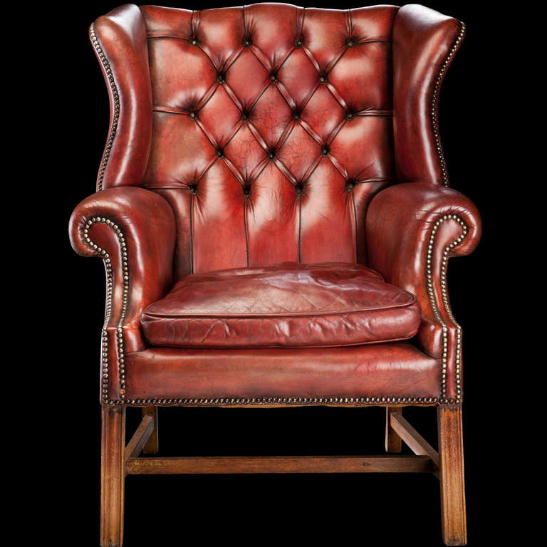 Red Leather Wingback Chair In Fair Condition In Culver City, CA