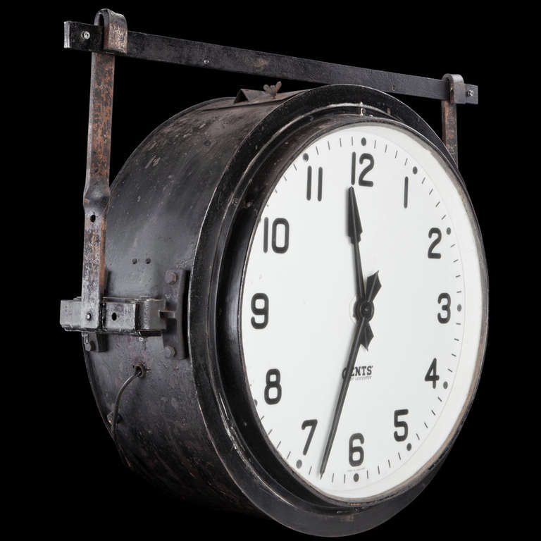 Mid-20th Century Double-Sided Iron Factory Clock