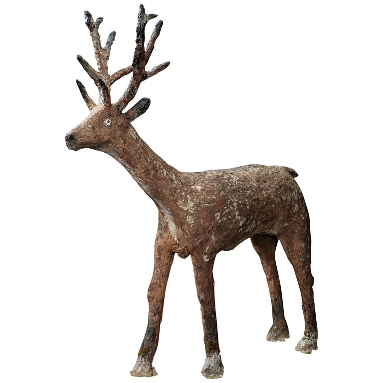 Folk art deer sculpture, ca. 1910, offered by Obsolete