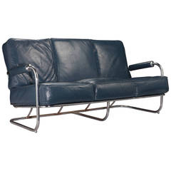 Blue Leather Chrome Sofa