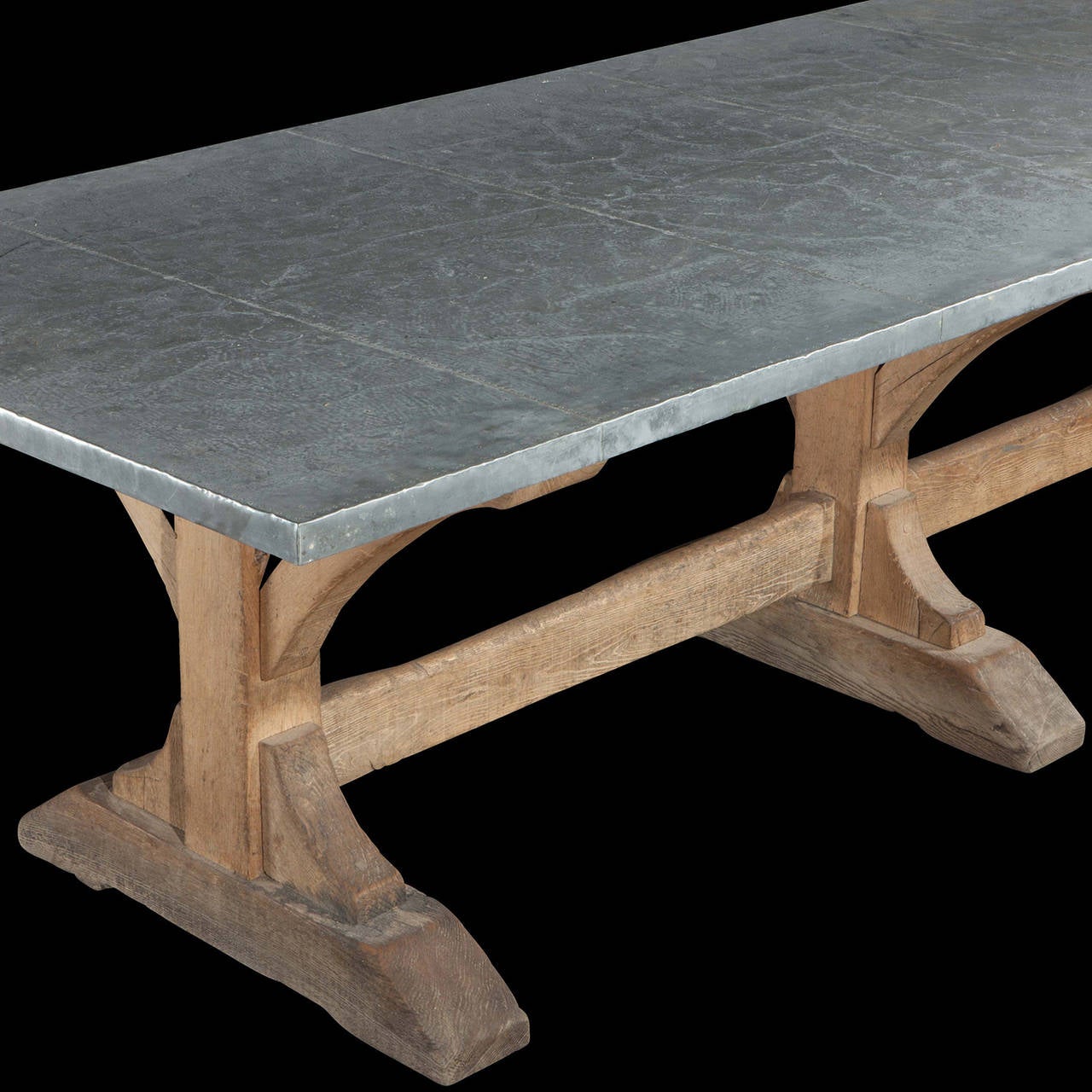 Large Oak Refectory Table with Zinc Top In Good Condition In Culver City, CA