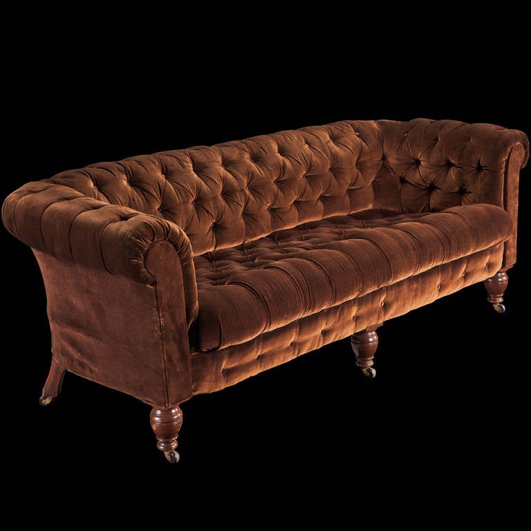 Late Victorian Large Velvet Chesterfield Sofa