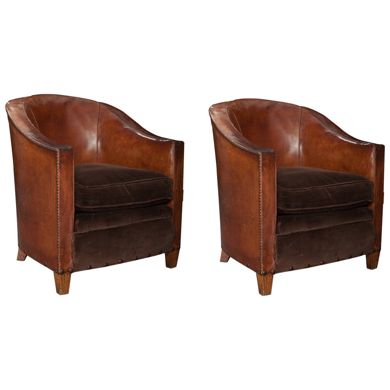 Pair of Leather and Velvet Armchairs at 1stdibs