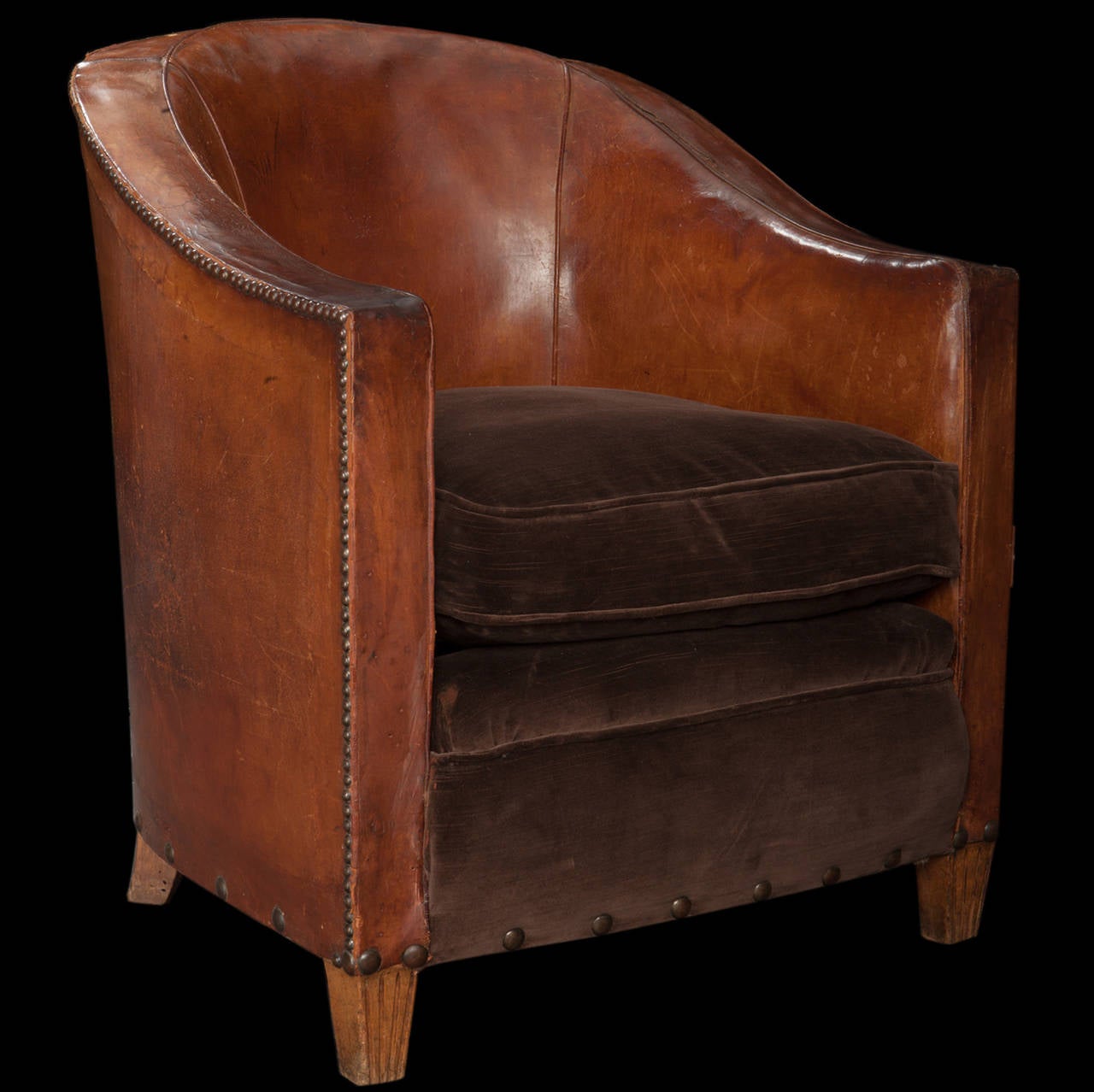 Modern Pair of Leather and Velvet Armchairs