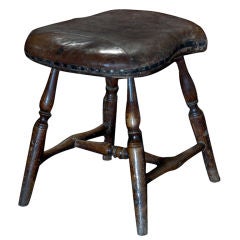 Antique Primitive Wood and Leather Stool