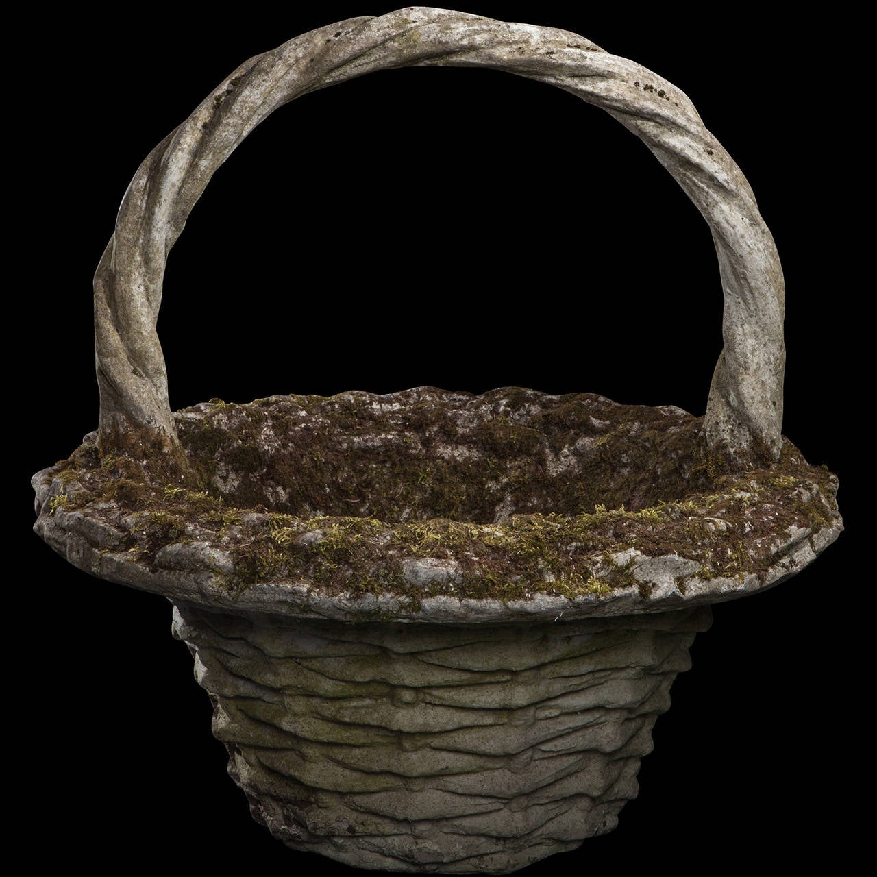 Cast basket with beautiful patina and lichen.
