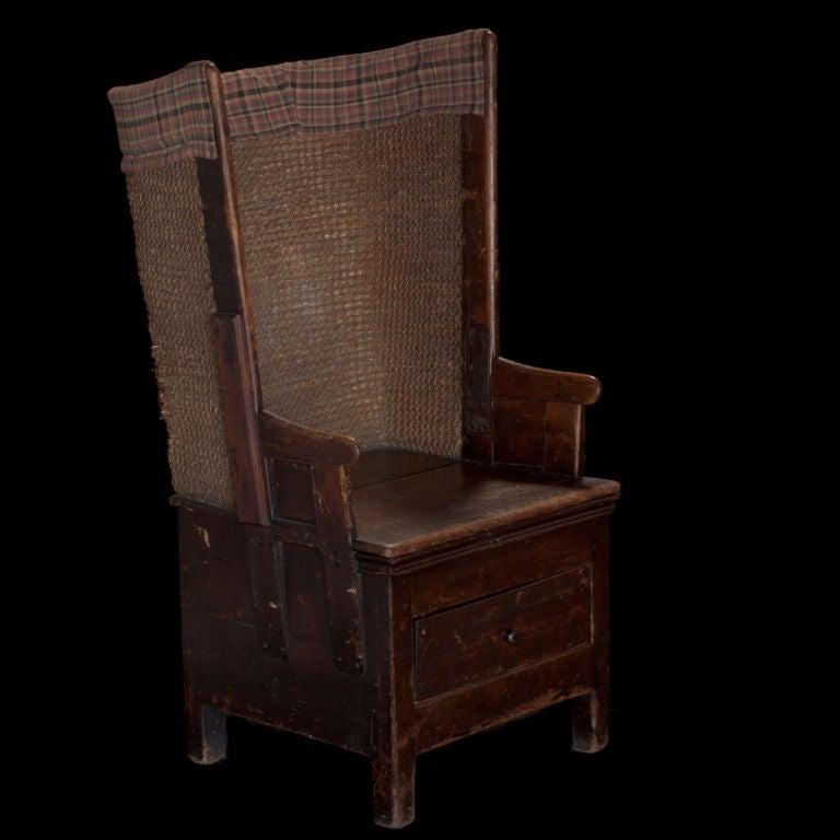 Primitive tall back chair with beechwood frame and rush back