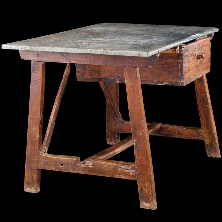 Industrial Zinc Top Work Table In Distressed Condition In Culver City, CA