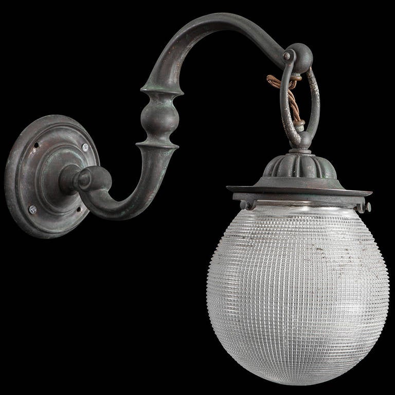 Brass and Holophane Prismatic Globe Sconces